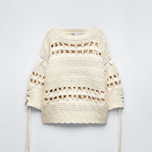 Zara Ecru Open Knit Sweater with Lace up Detailing - Picture 4 of 8